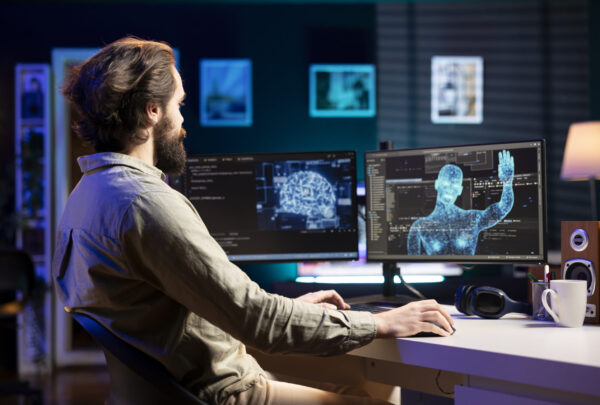 Self aware AI gaining humanoid form inside cyberspace, waving hand, saluting software engineer. Artificial intelligence becoming sentient, greeting IT expert at desk, AI singularity concept