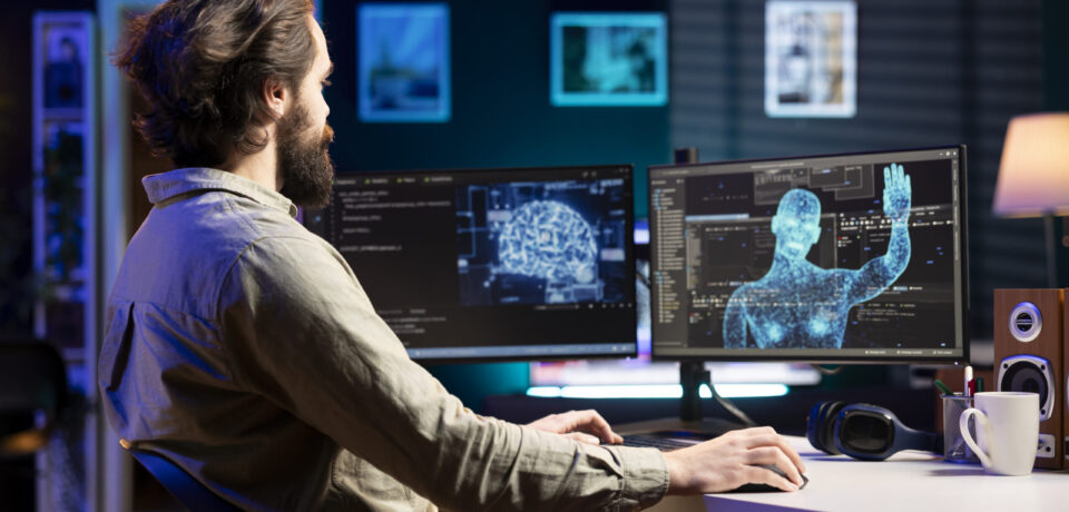 Self aware AI gaining humanoid form inside cyberspace, waving hand, saluting software engineer. Artificial intelligence becoming sentient, greeting IT expert at desk, AI singularity concept