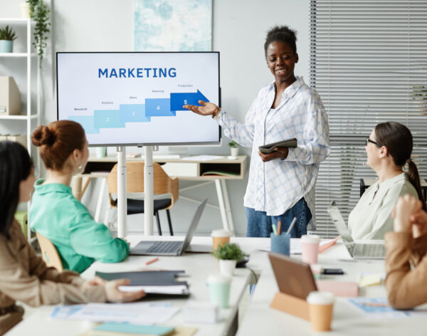 African young businesswoman pointing at monitor and presenting her report to colleagues at business presentation at office