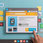 Online shopping website with product pictures and price in a browser window, the user is adding the item to the shopping cart, collage and paper cut composition