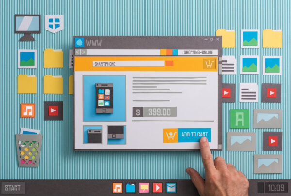Online shopping website with product pictures and price in a browser window, the user is adding the item to the shopping cart, collage and paper cut composition