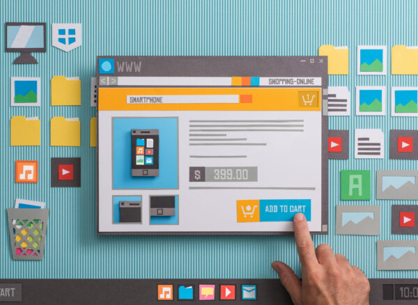 Online shopping website with product pictures and price in a browser window, the user is adding the item to the shopping cart, collage and paper cut composition