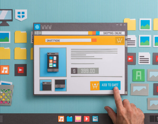 Online shopping website with product pictures and price in a browser window, the user is adding the item to the shopping cart, collage and paper cut composition