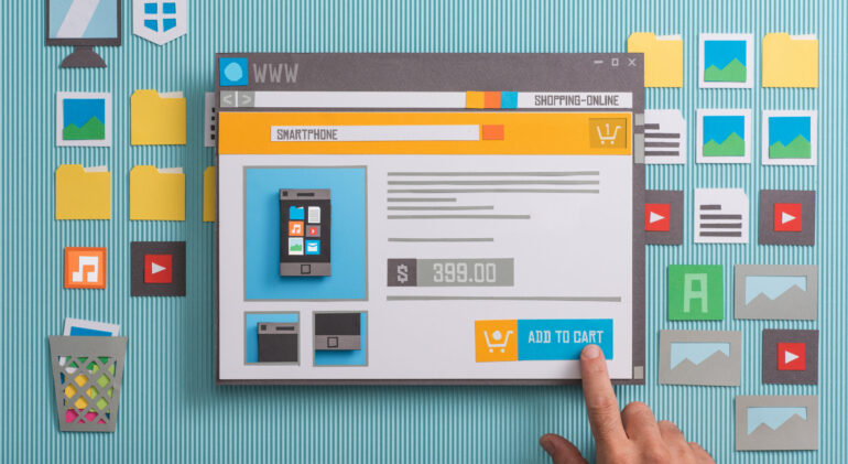 Online shopping website with product pictures and price in a browser window, the user is adding the item to the shopping cart, collage and paper cut composition