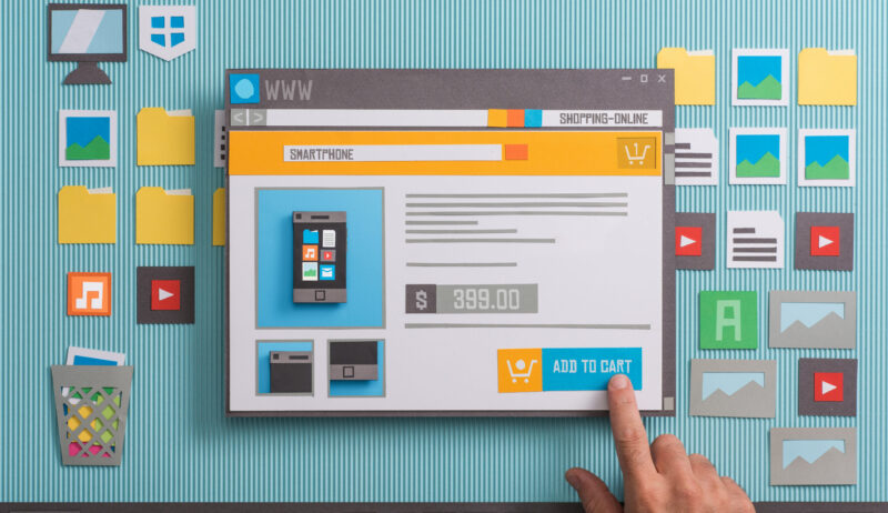 Online shopping website with product pictures and price in a browser window, the user is adding the item to the shopping cart, collage and paper cut composition