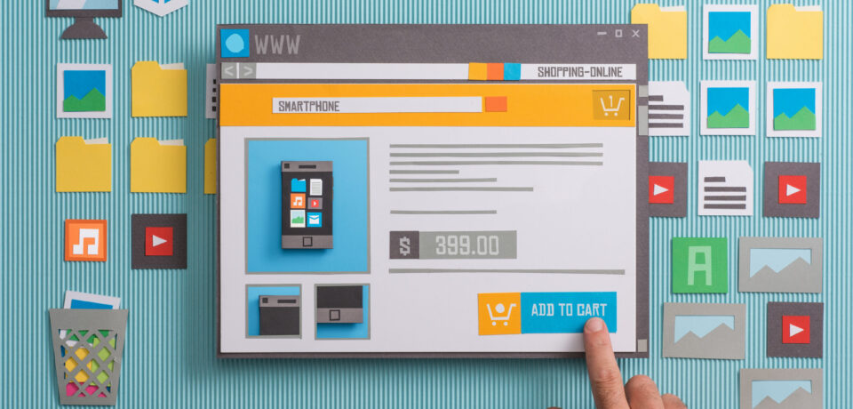 Online shopping website with product pictures and price in a browser window, the user is adding the item to the shopping cart, collage and paper cut composition